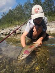 Eben, Otto and Andrew fly fishing Slovenia July, rainbow side